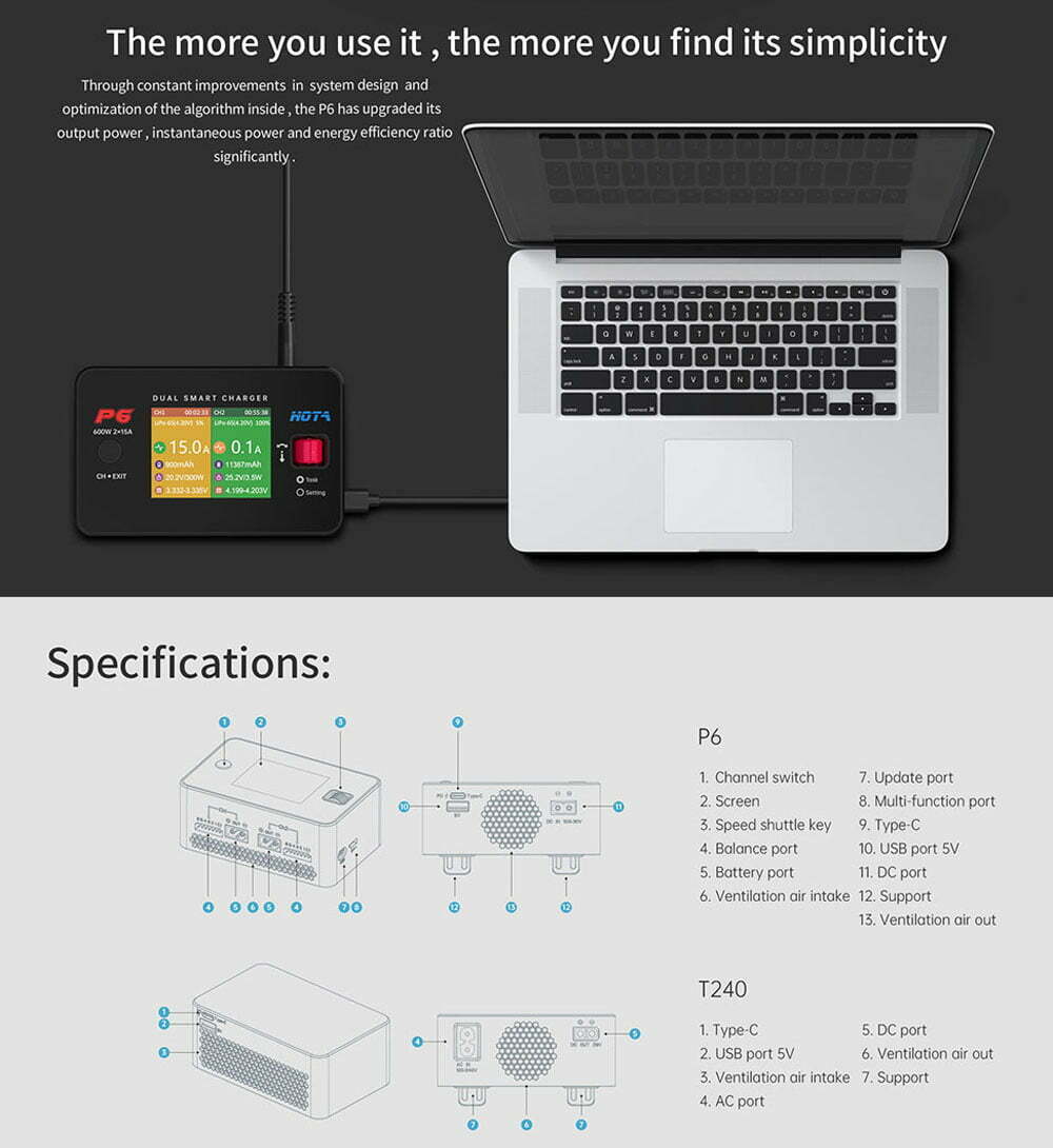 HOTA P6 Dual Charger 600W 15A 1-6S (DC charger) 11 hota p6 charger 600w 15a 1 6s dc mantisfpv australia banner description 04