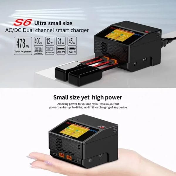 hota s6 dual channel ac400w dc325x2 15a 1 6s smart charger ac dc charger mantisfpv australia product showcase new display description