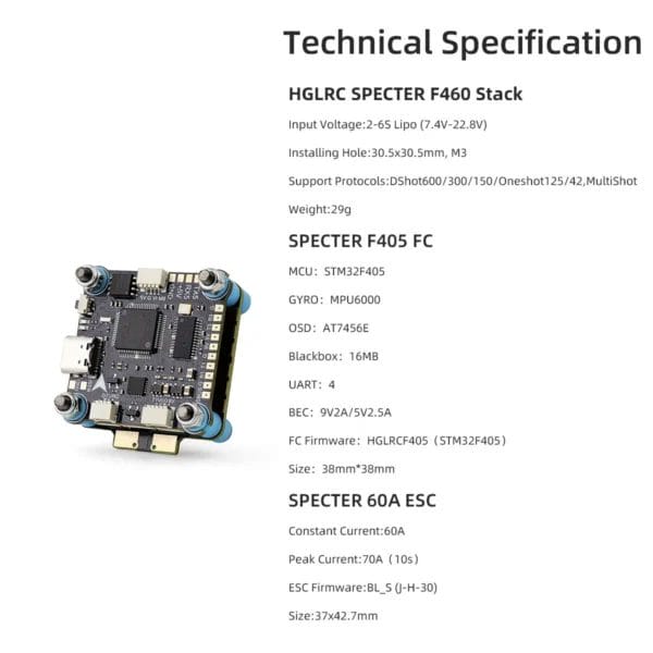 hglrc specter f460 bls stack 30x30mm mpu6000 mantisfpv australia newzealand product showcase fpv spec