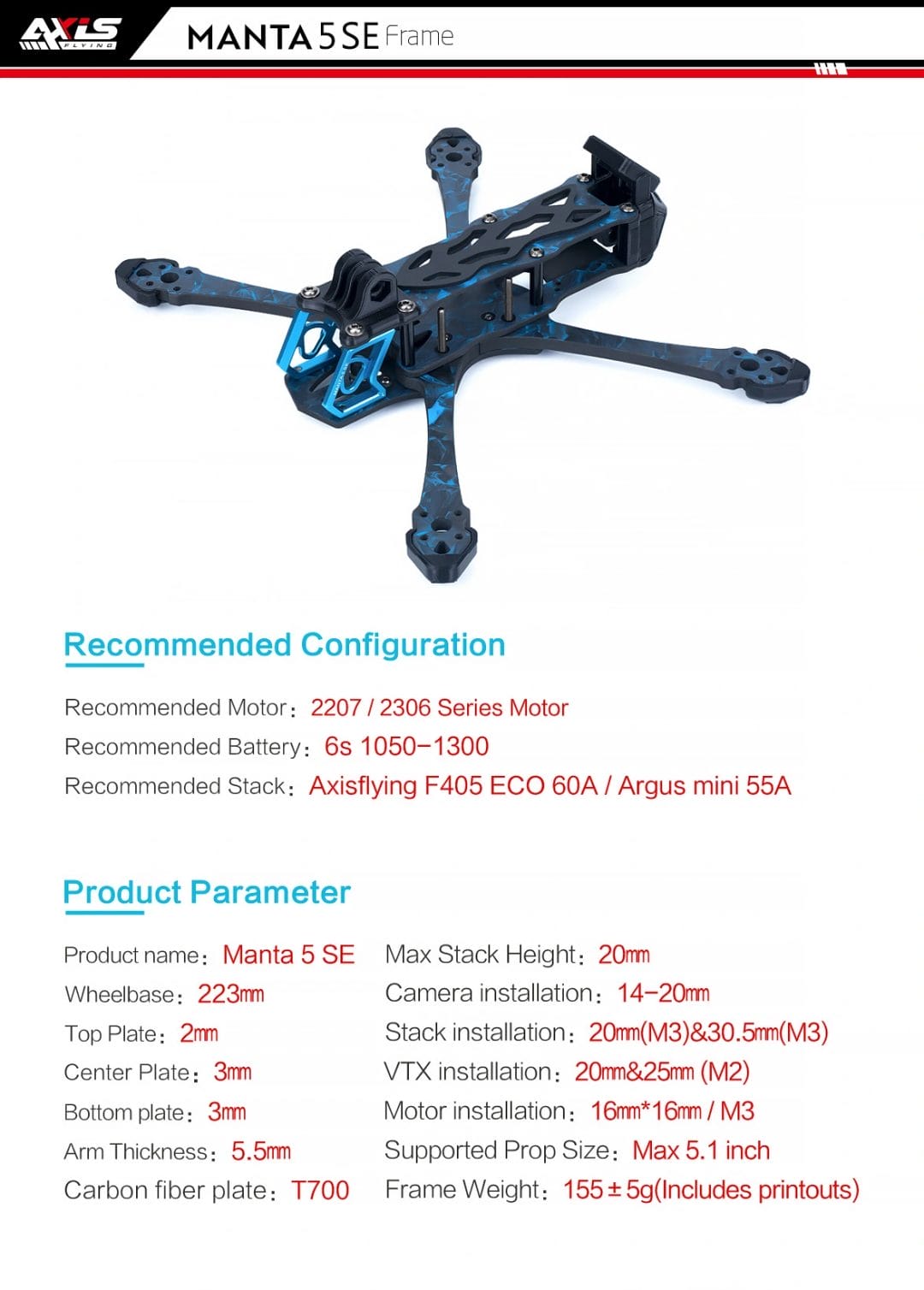 Axis Flying Manta 5 SE Squashed X Frame Kit with 3D Prints 4 axisflying manta 5 se frame kit mantisfpv australia product drone fpv image showcase blue frame description 01